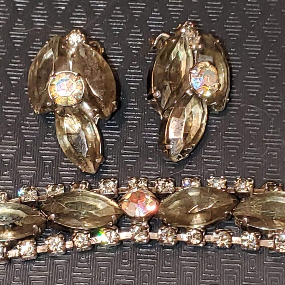 Vintage Smoky Quartz&AB Rhinestone Earring Bracelet Set Juliana/Recency Style